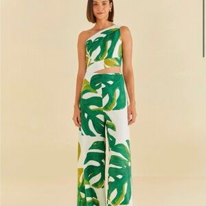 Farm Rio Monstera Leaf Print One-Shoulder Jumpsuit